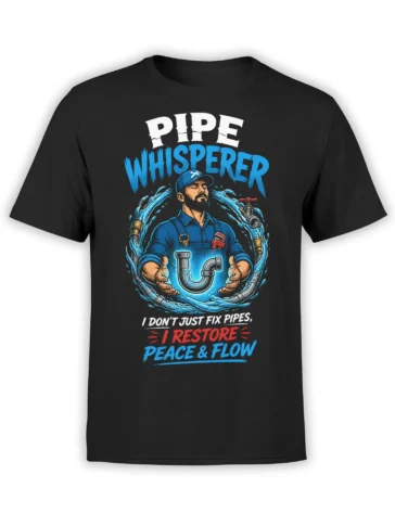 Black plumber T-shirt with bearded pipe worker, flowing water, and Pipe Whisperer graphic
