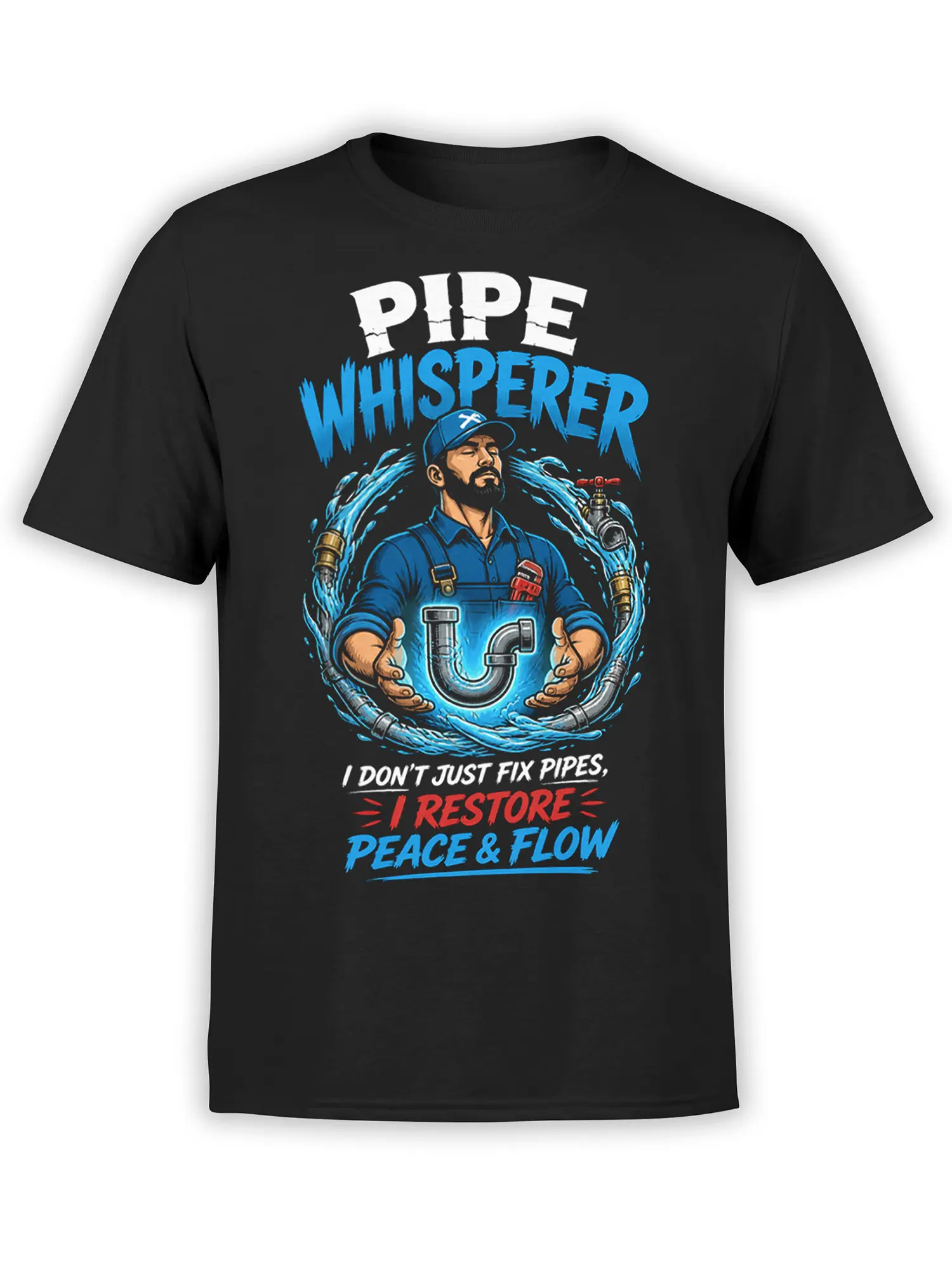 Black plumber T-shirt with bearded pipe worker, flowing water, and Pipe Whisperer graphic