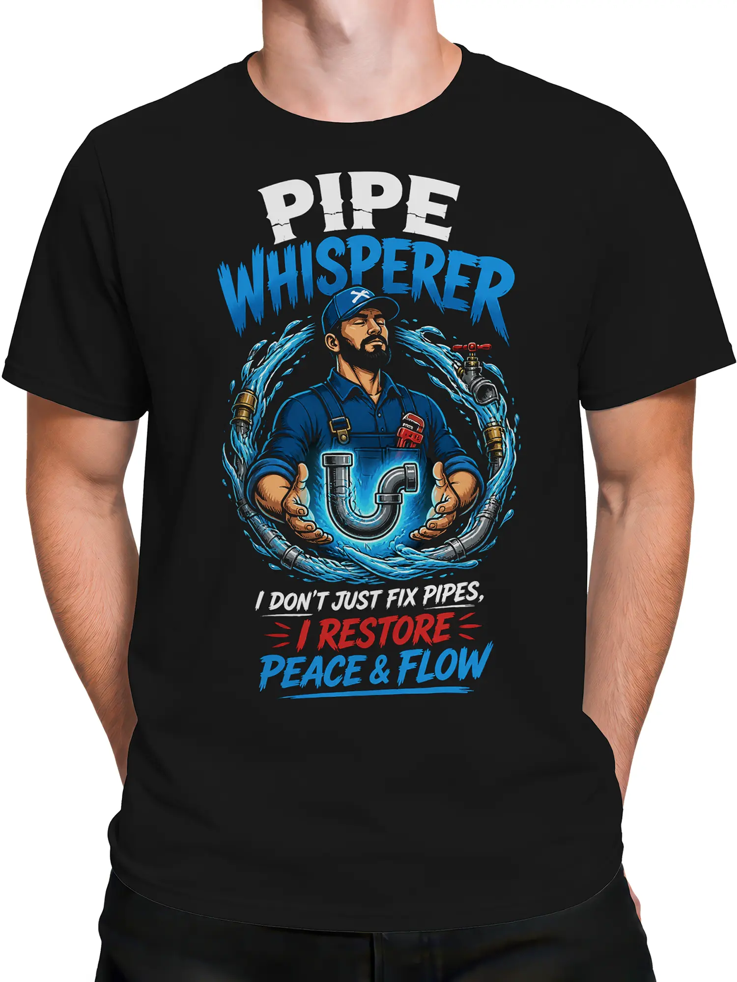 Male torso wearing a black plumber T-shirt with Pipe Whisperer artwork and flowing water