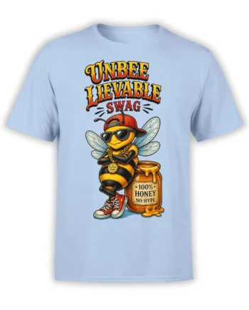 Light blue T-shirt with a cartoon bee in sunglasses, red cap, gold chain, and a honey jar