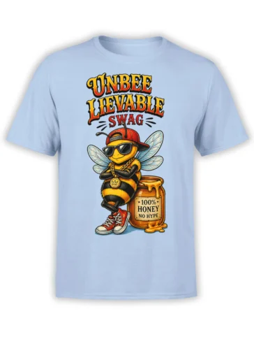 Light blue T-shirt with a cartoon bee in sunglasses, red cap, gold chain, and a honey jar
