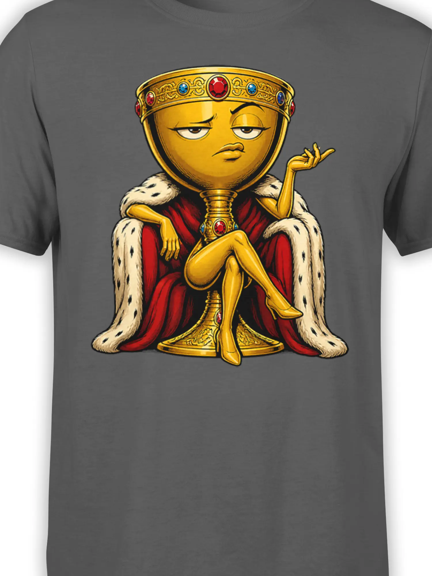 Close-up of a crowned golden goblet character with a red robe and jeweled details on a gray shirt