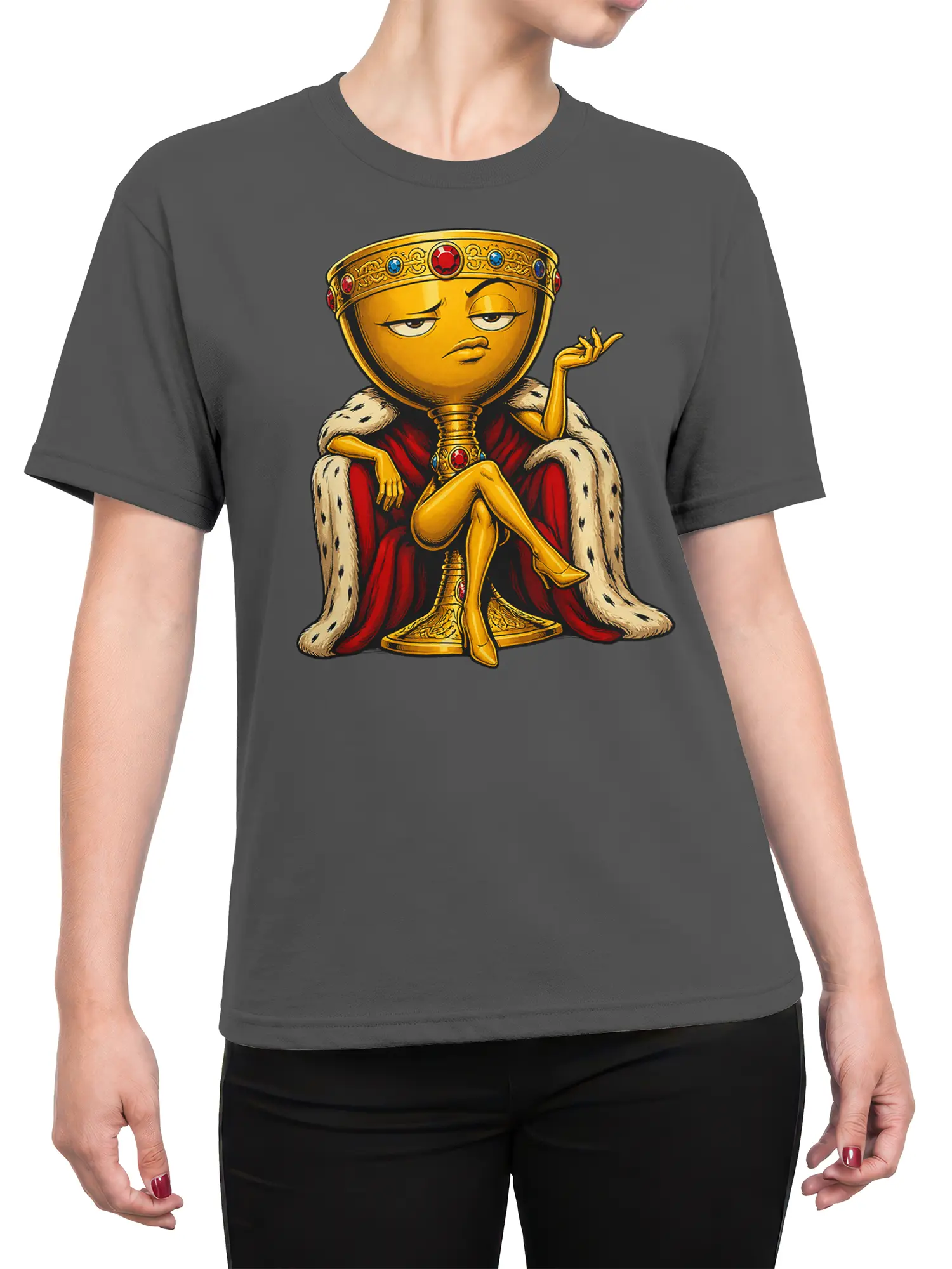 Female torso wearing a gray T-shirt with a crowned golden goblet fantasy character in red royal clothing