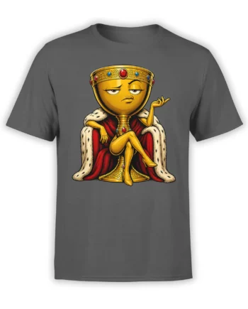 Golden royal goblet character in a jeweled crown and red robe printed on a gray fantasy T-shirt