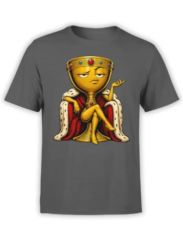 Golden royal goblet character in a jeweled crown and red robe printed on a gray fantasy T-shirt