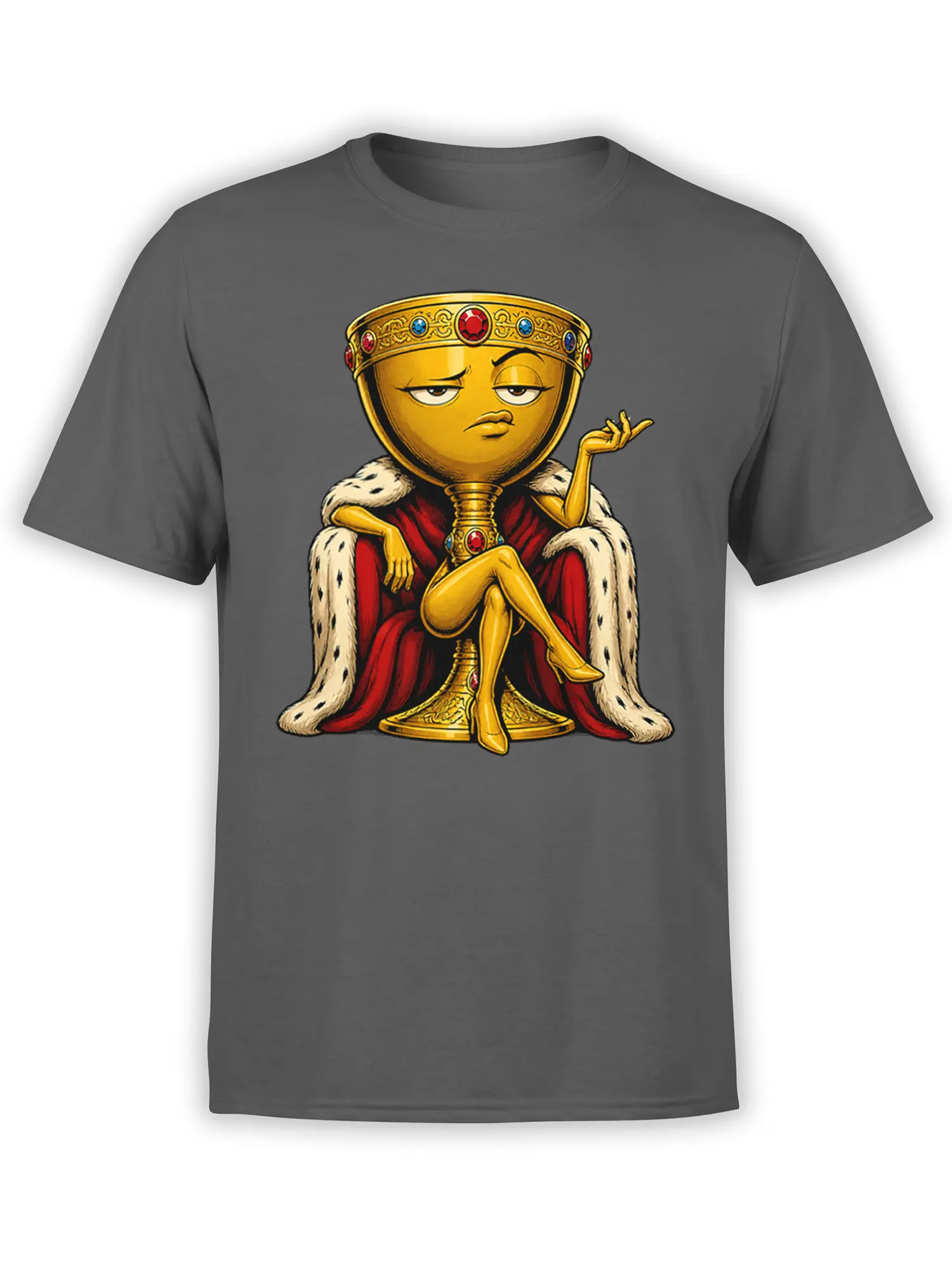 Golden royal goblet character in a jeweled crown and red robe printed on a gray fantasy T-shirt