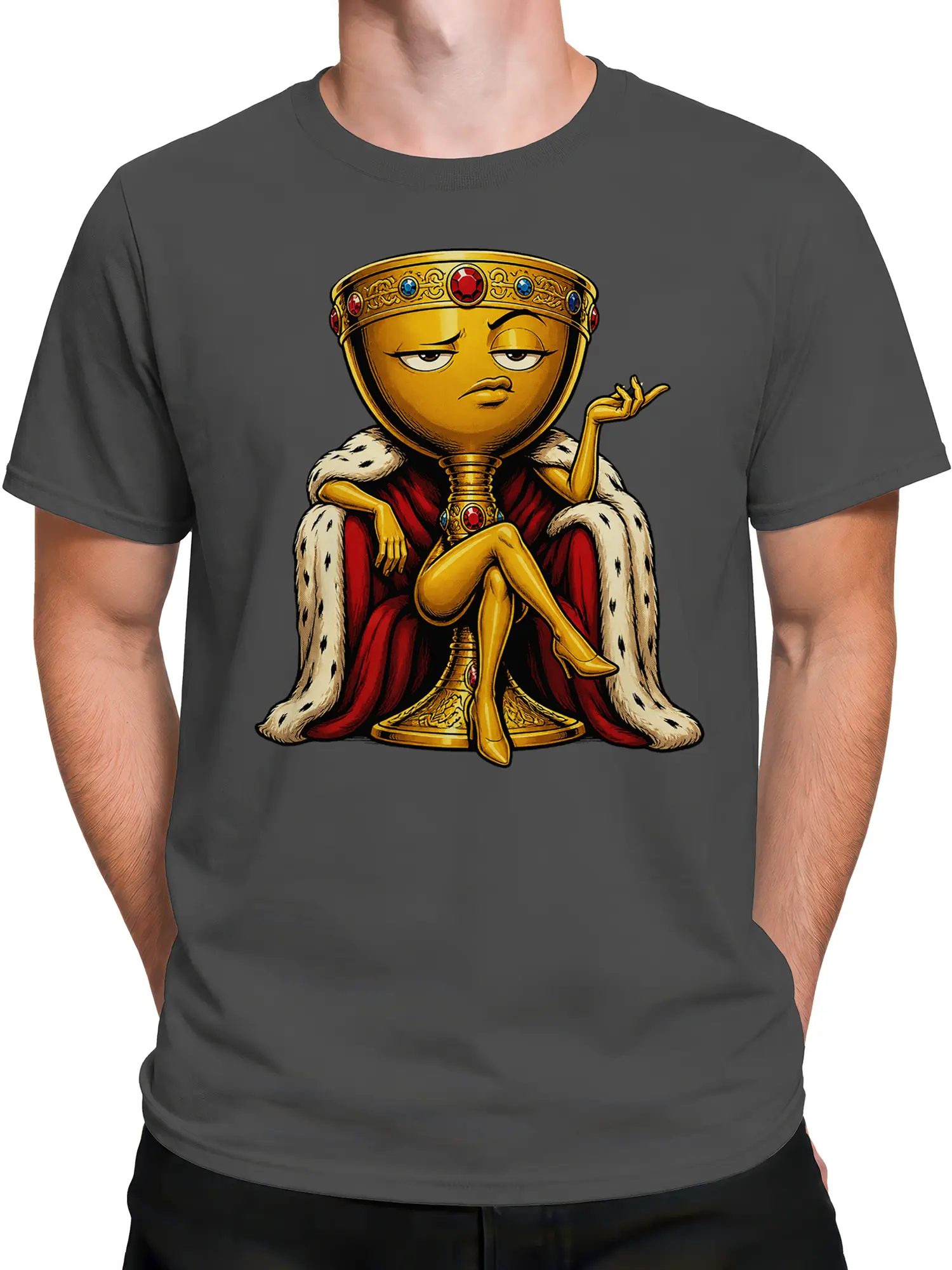 Male torso wearing a gray T-shirt with a golden crowned goblet in a red royal robe