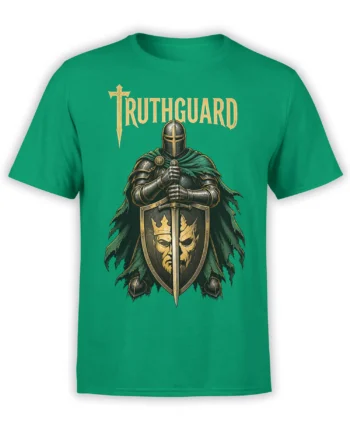 Green T-shirt with armored medieval guardian, crowned shield, sword, and TRUTHGUARD lettering