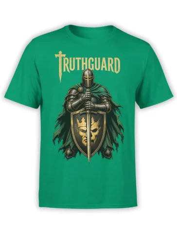 Green T-shirt with armored medieval guardian, crowned shield, sword, and TRUTHGUARD lettering
