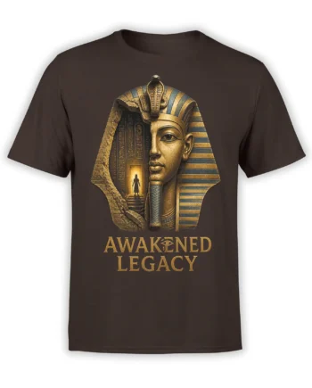 Brown Egyptian pharaoh T-shirt with cobra headdress, temple passage, and Awakened Legacy text
