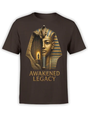 Brown Egyptian pharaoh T-shirt with cobra headdress, temple passage, and Awakened Legacy text
