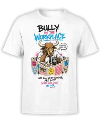 White workplace T-shirt with a horned bull in a maze, coffee cup, office notes, and HR humor
