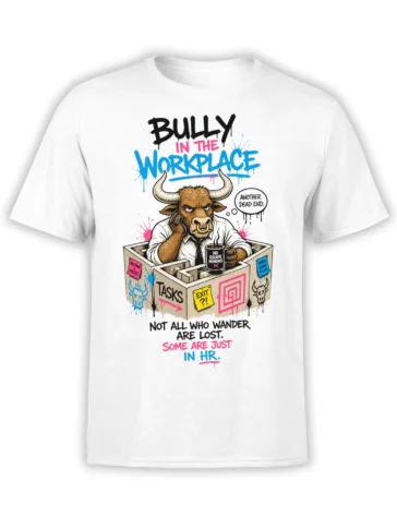 White workplace T-shirt with a horned bull in a maze, coffee cup, office notes, and HR humor