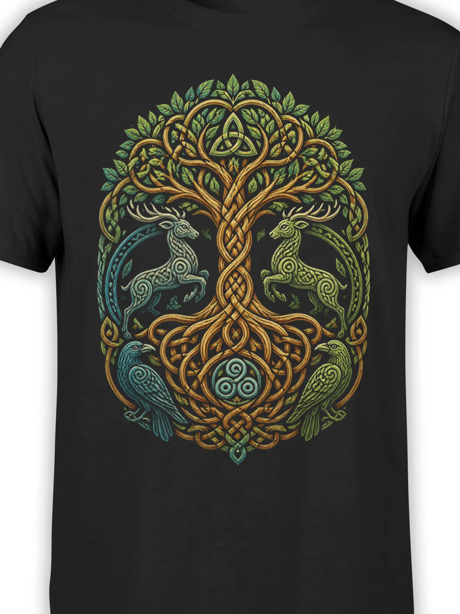Close-up of Celtic tree of life design with stags, birds, leaves, and golden knotwork on black fabric