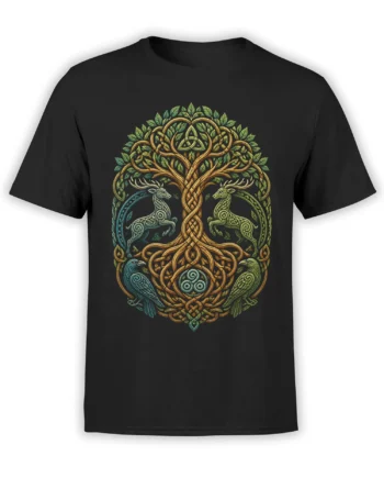 Black T-shirt with a colorful Celtic tree of life, two stags, birds, leaves, and knotwork details