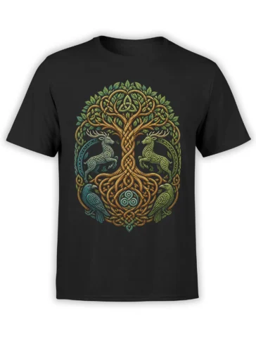 Black T-shirt with a colorful Celtic tree of life, two stags, birds, leaves, and knotwork details