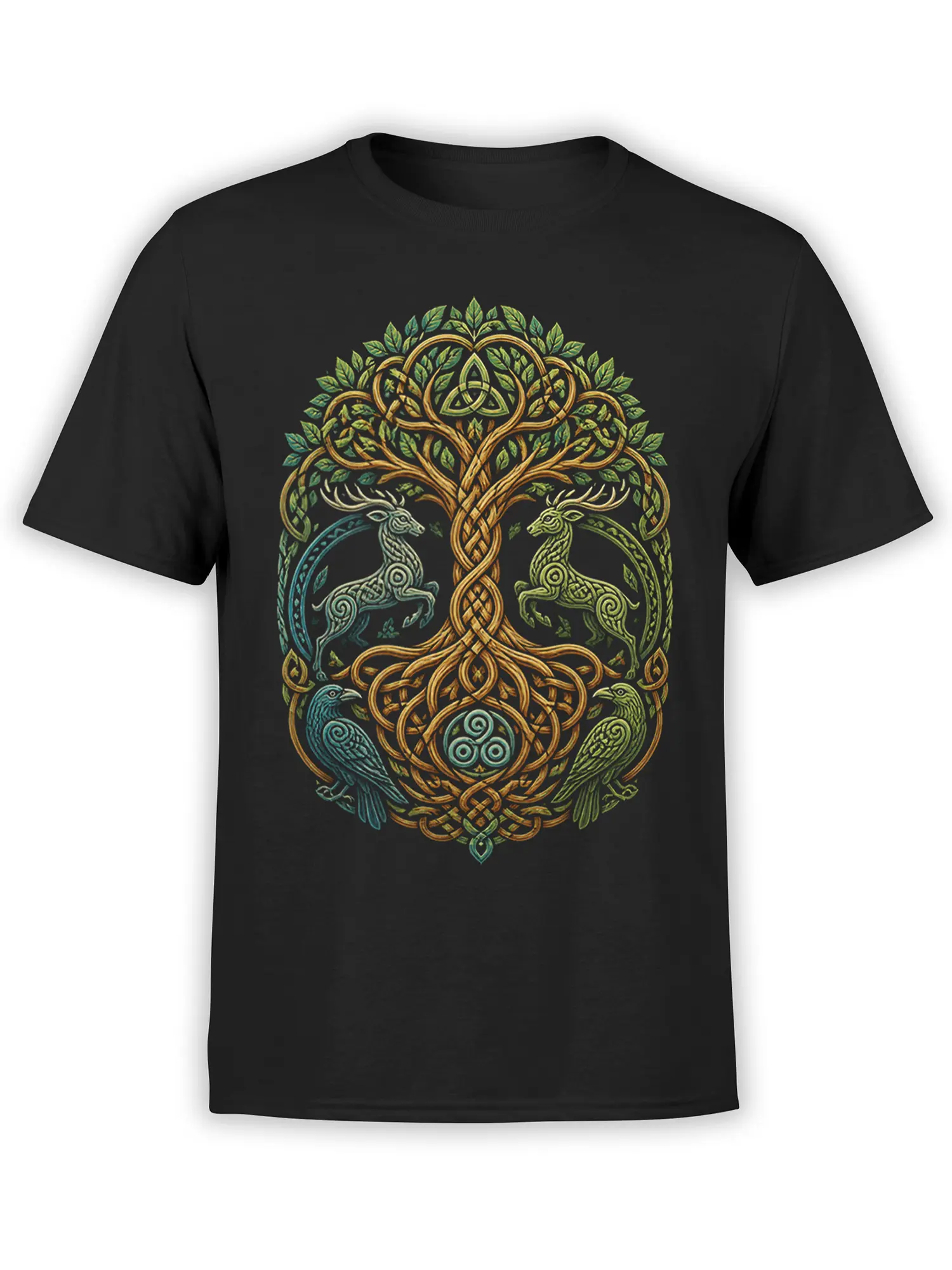 Black T-shirt with a colorful Celtic tree of life, two stags, birds, leaves, and knotwork details