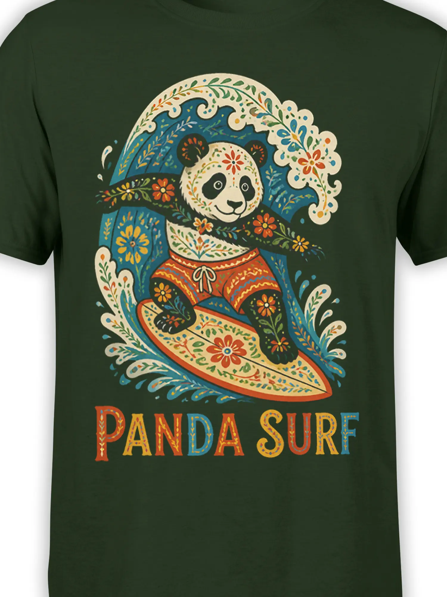 Close-up of floral folk-art panda surfing artwork and PANDA SURF lettering on a dark green shirt
