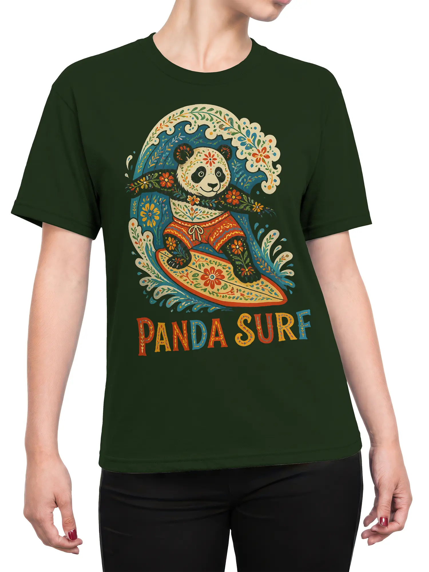 Female torso wearing a dark green panda surf T-shirt with colorful floral artwork and PANDA SURF lettering