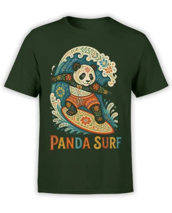 Dark green panda surf T-shirt with a floral folk-art panda riding a decorated surfboard and PANDA SURF text