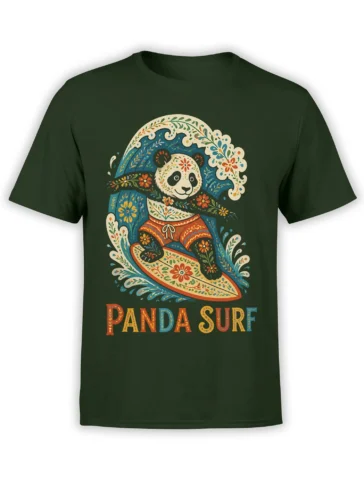 Dark green panda surf T-shirt with a floral folk-art panda riding a decorated surfboard and PANDA SURF text