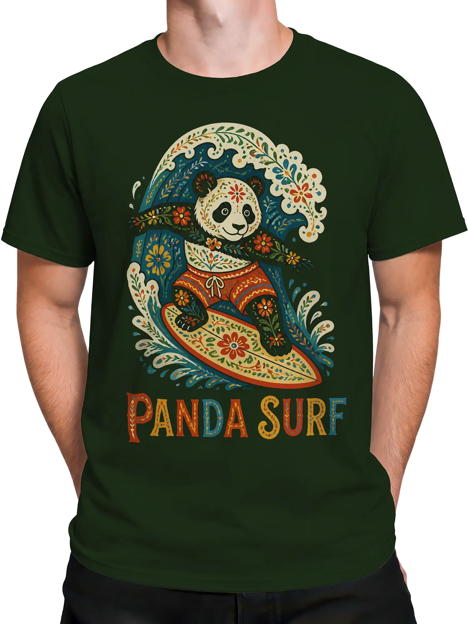 Male torso wearing a dark green folk-art panda surf T-shirt with floral waves and PANDA SURF text