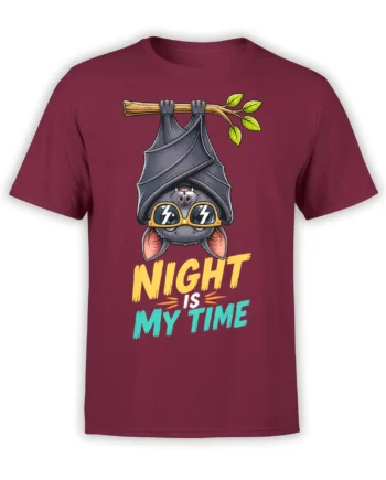 Maroon T-shirt with an upside-down bat in yellow lightning sunglasses and colorful “Night Is My Time” lettering