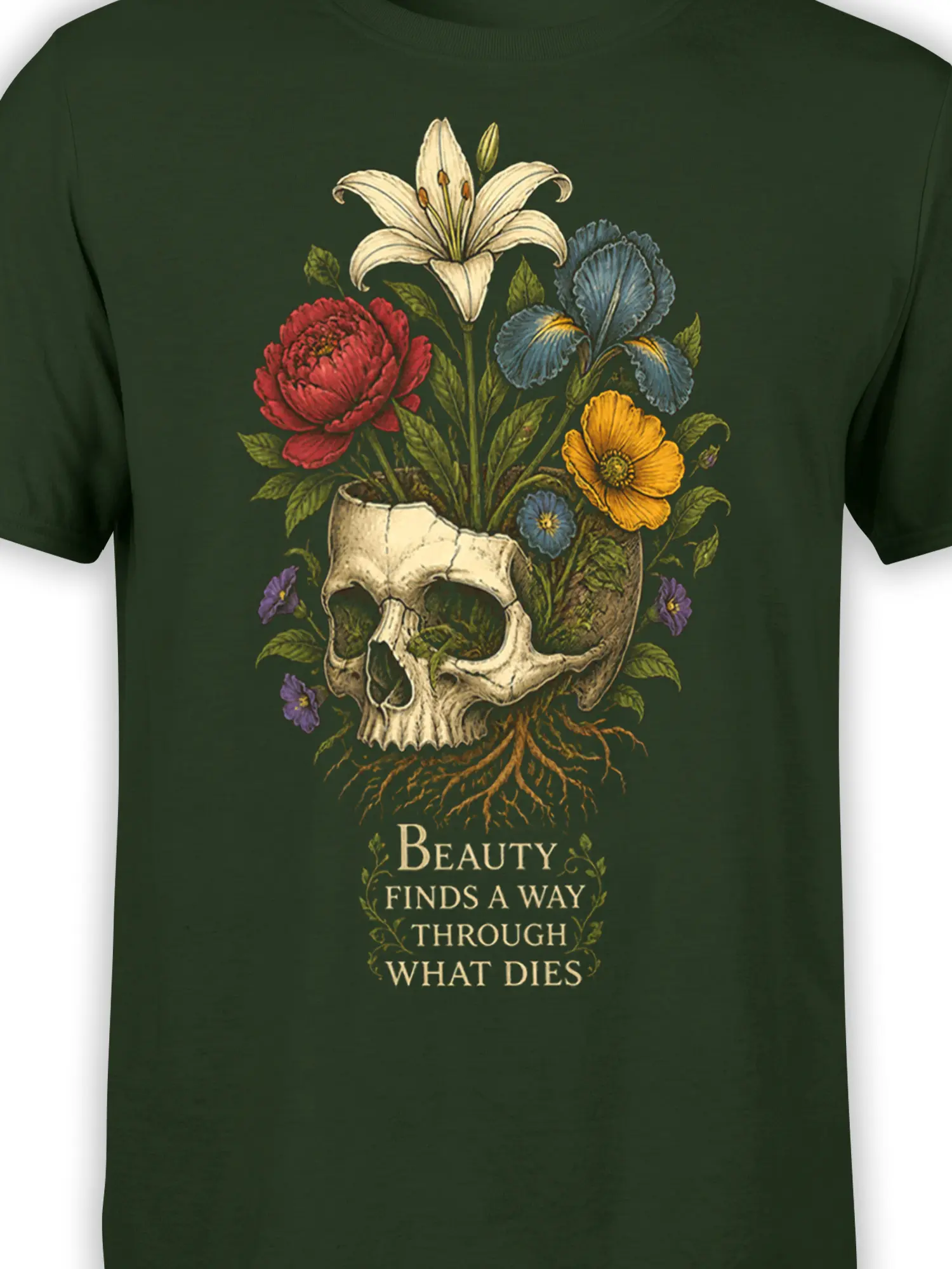 Close-up of a botanical skull surrounded by lilies, peonies, irises, and roots on green fabric