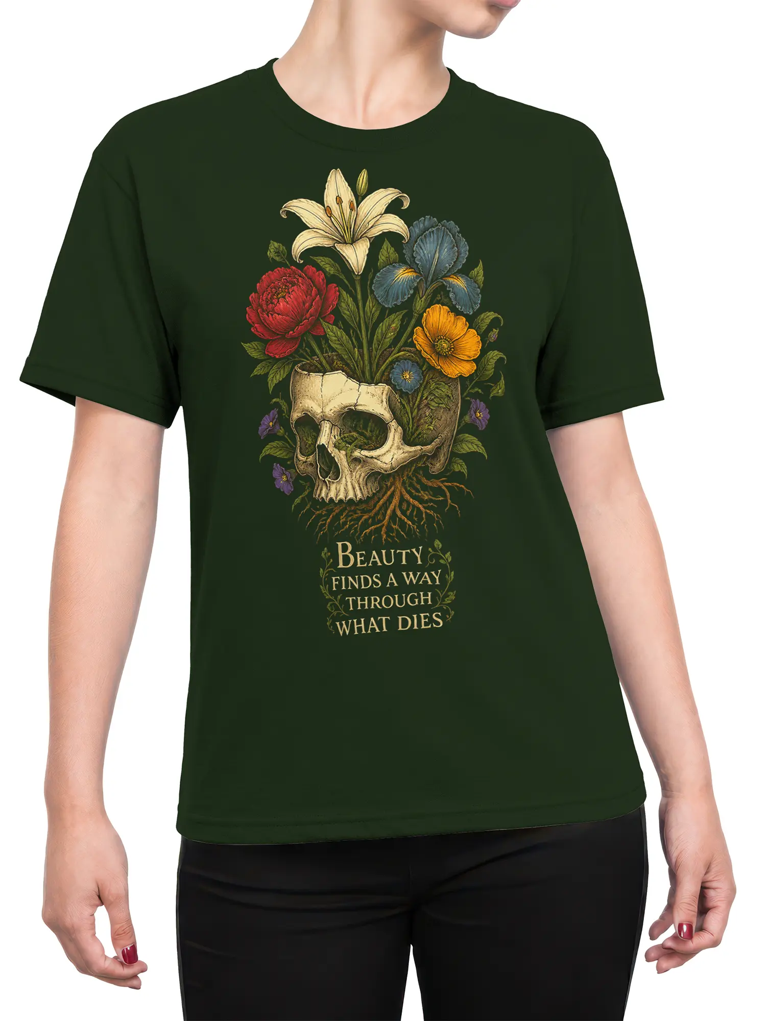 Female torso wearing a dark green floral skull T-shirt with a vintage botanical design