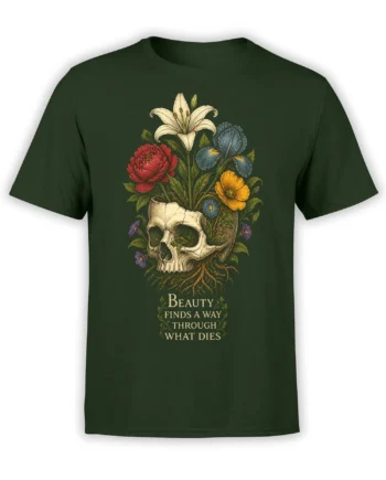 Floral skull graphic with colorful flowers and roots on a dark green T-shirt