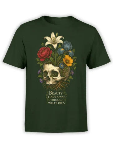 Floral skull graphic with colorful flowers and roots on a dark green T-shirt