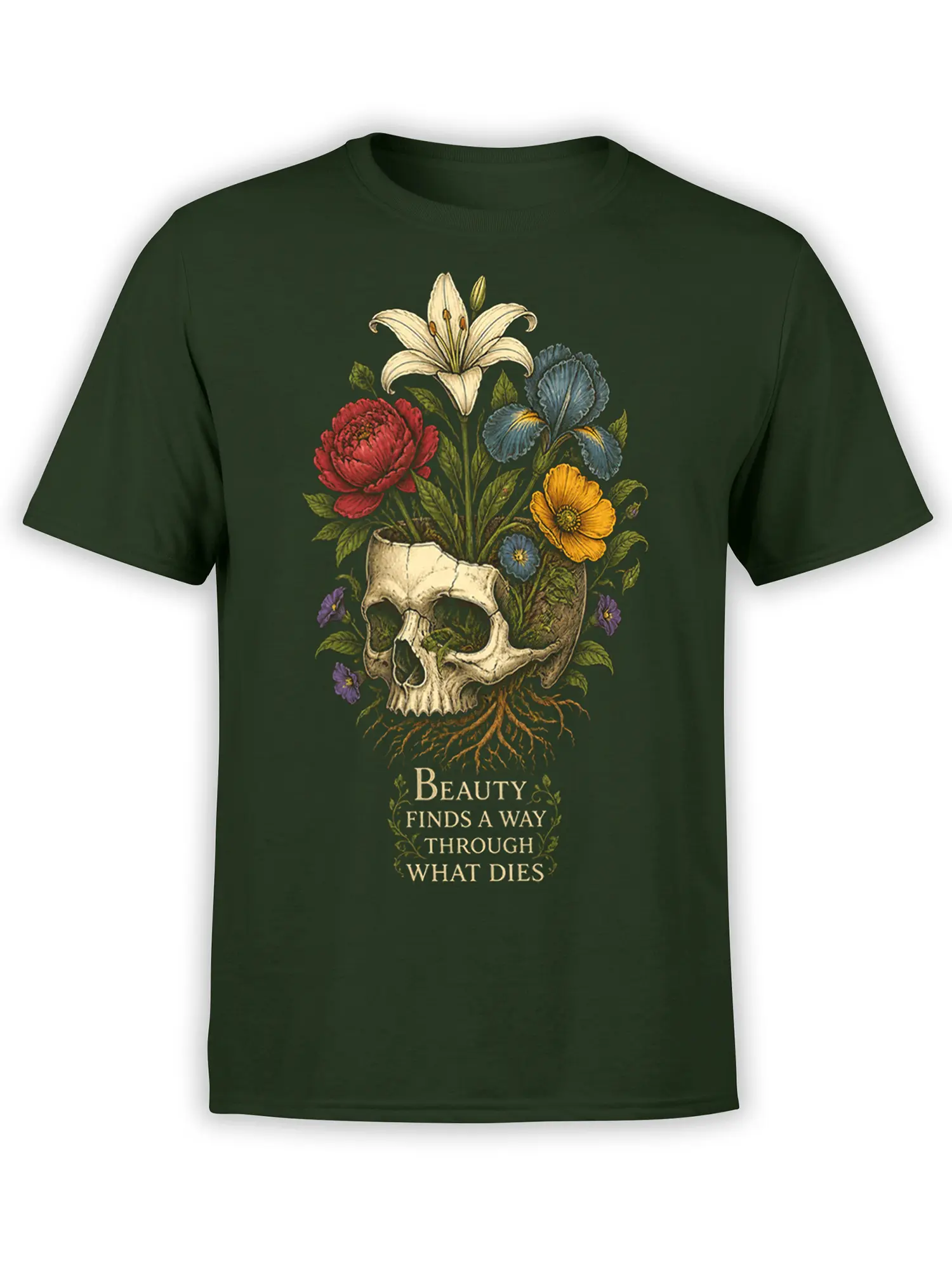 Floral skull graphic with colorful flowers and roots on a dark green T-shirt