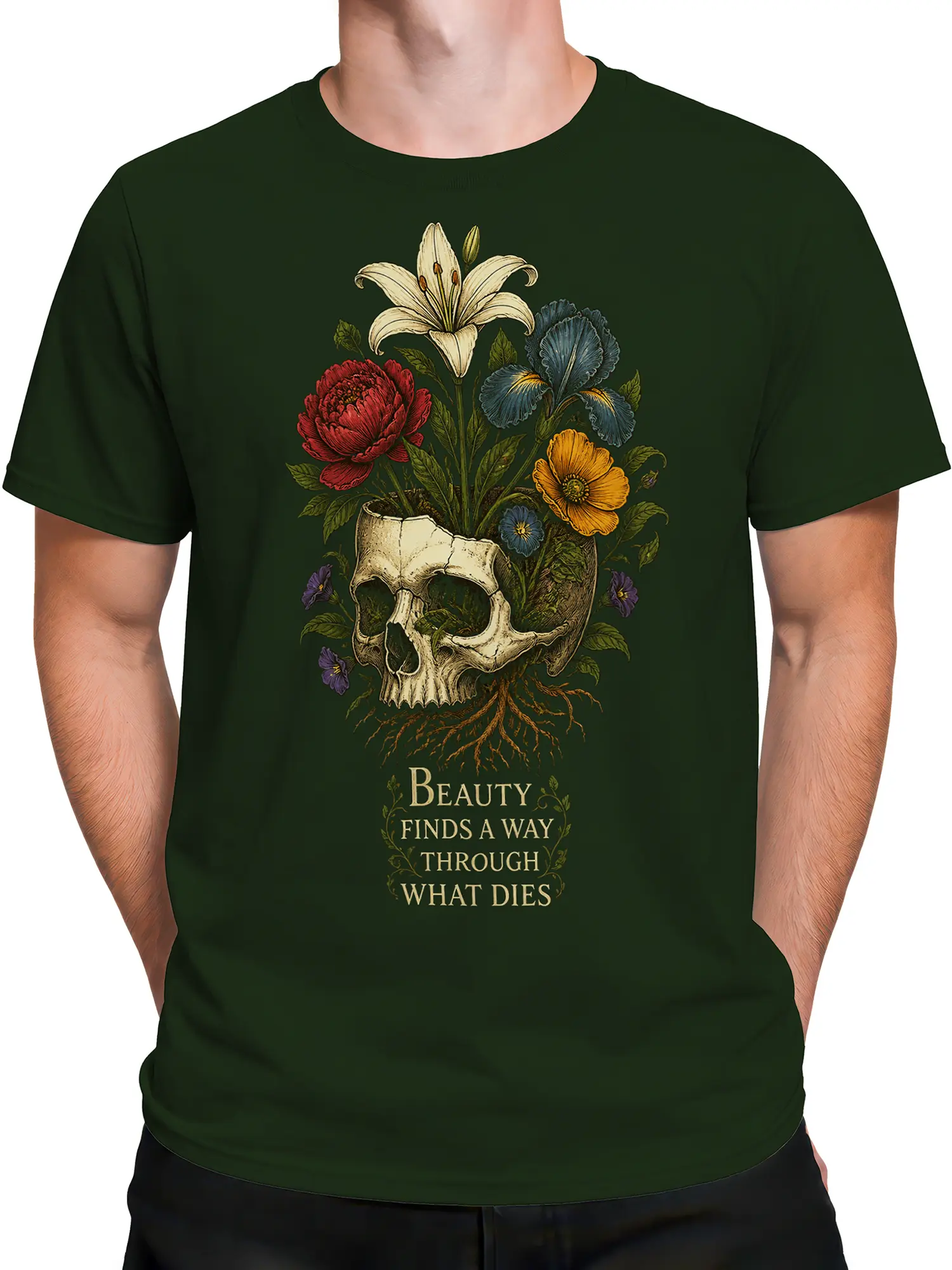 Male torso wearing a dark green floral skull T-shirt with flowers and exposed roots