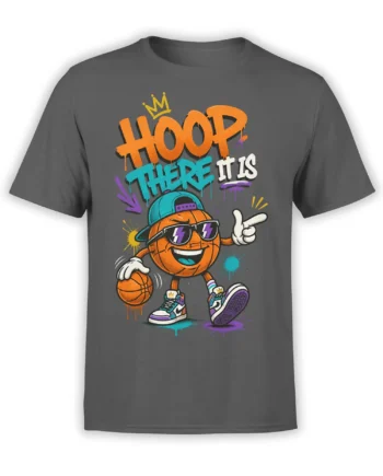Crowned cartoon basketball in sunglasses with “HOOP THERE IT IS” on a gray graphic T-shirt