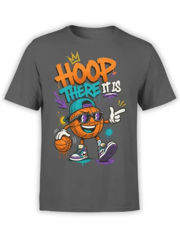 Crowned cartoon basketball in sunglasses with “HOOP THERE IT IS” on a gray graphic T-shirt