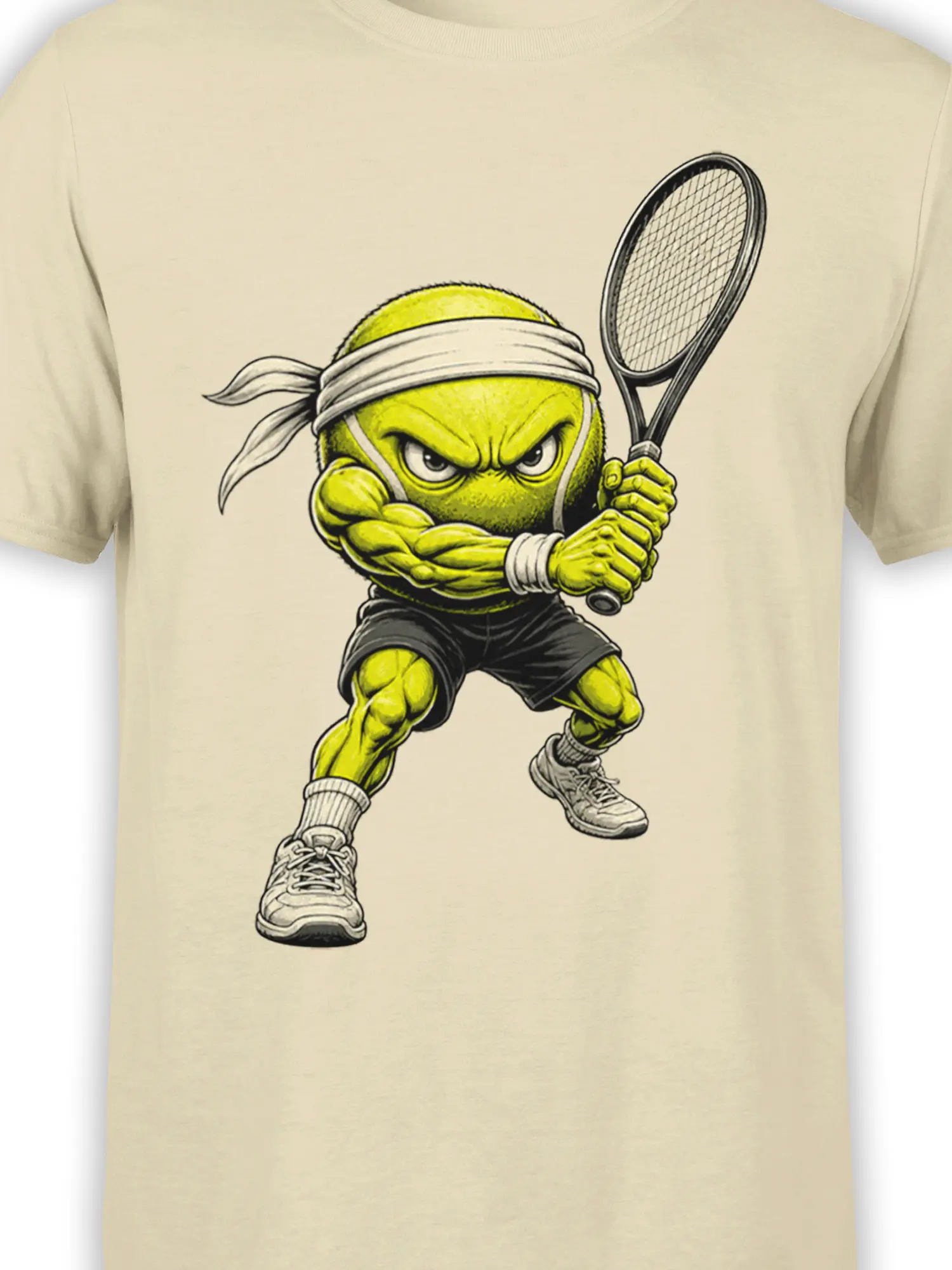 Close-up of the angry green tennis ball athlete and racket design on a beige shirt