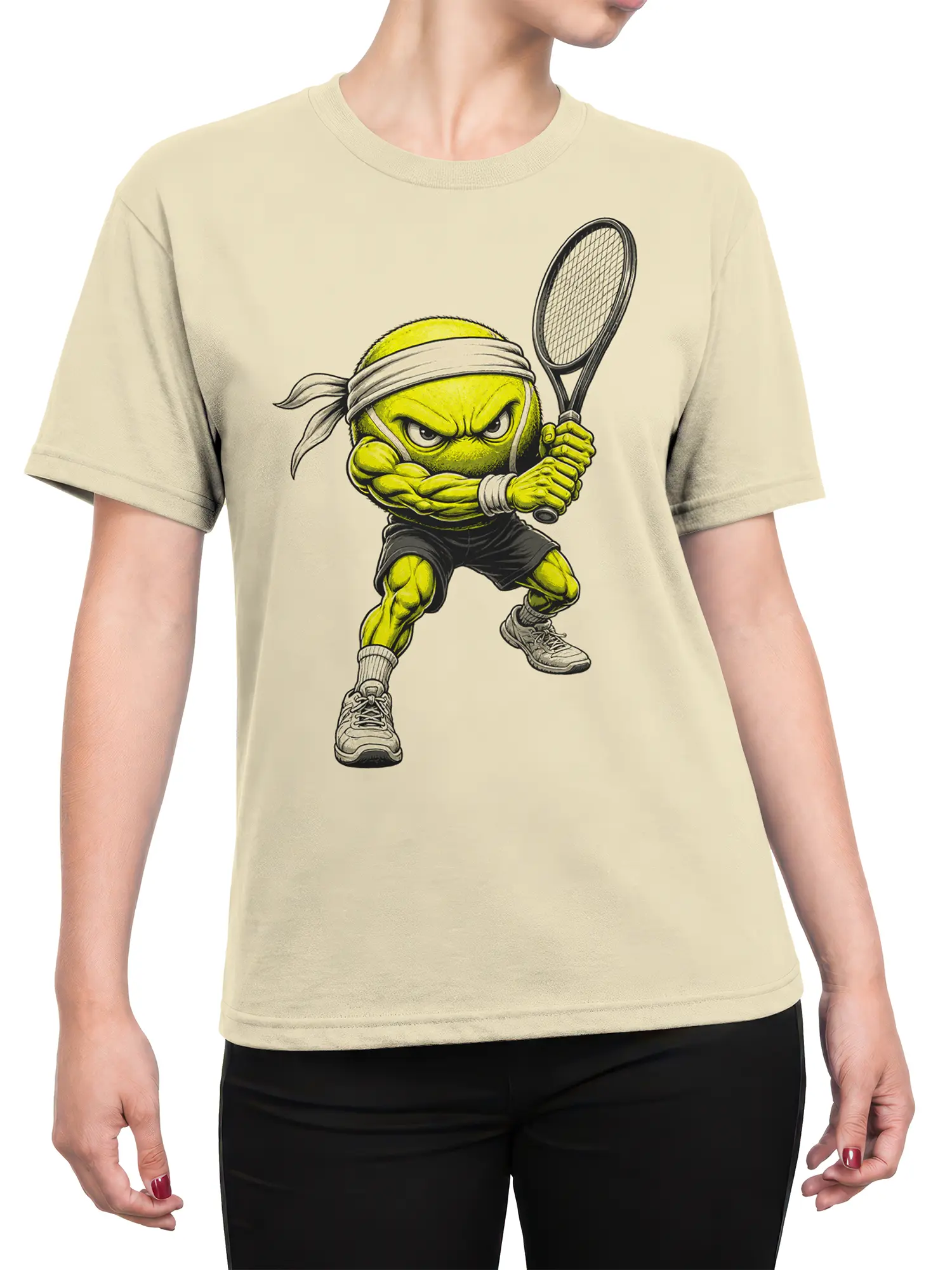 Female torso wearing a beige shirt with an angry green tennis ball and racket design