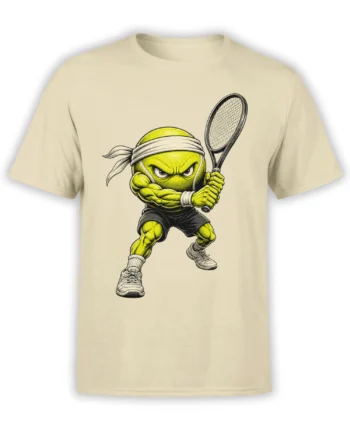 Angry green tennis ball character holding a racket on a beige tennis graphic T-shirt