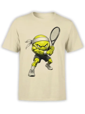 Angry green tennis ball character holding a racket on a beige tennis graphic T-shirt