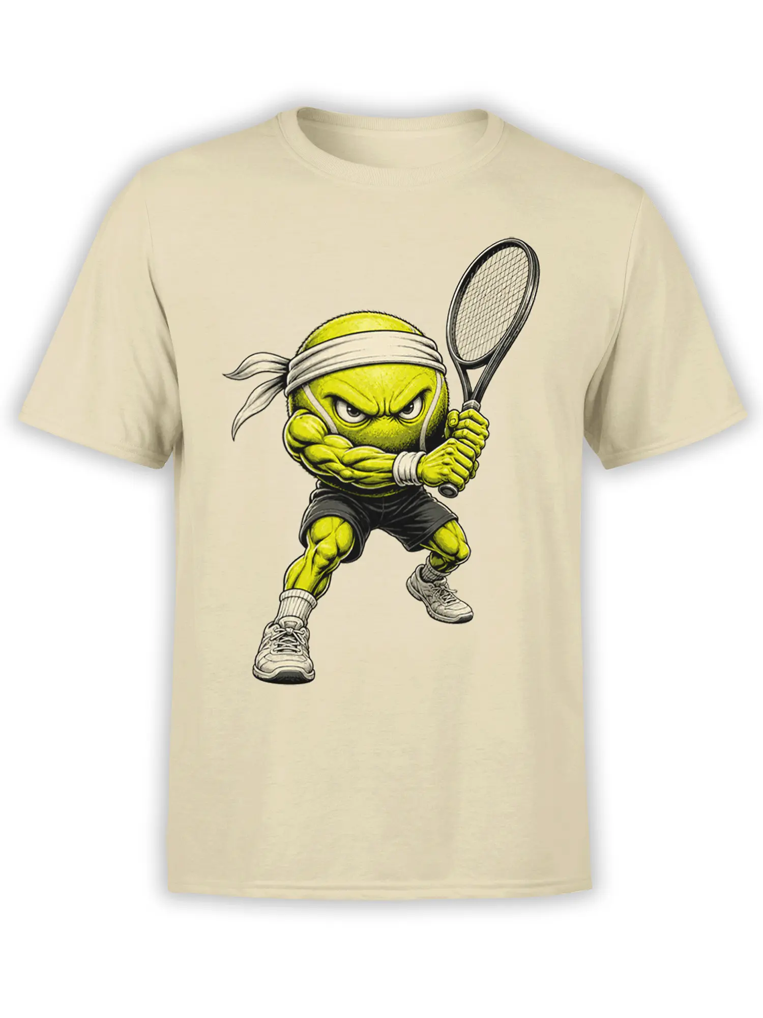 Angry green tennis ball character holding a racket on a beige tennis graphic T-shirt
