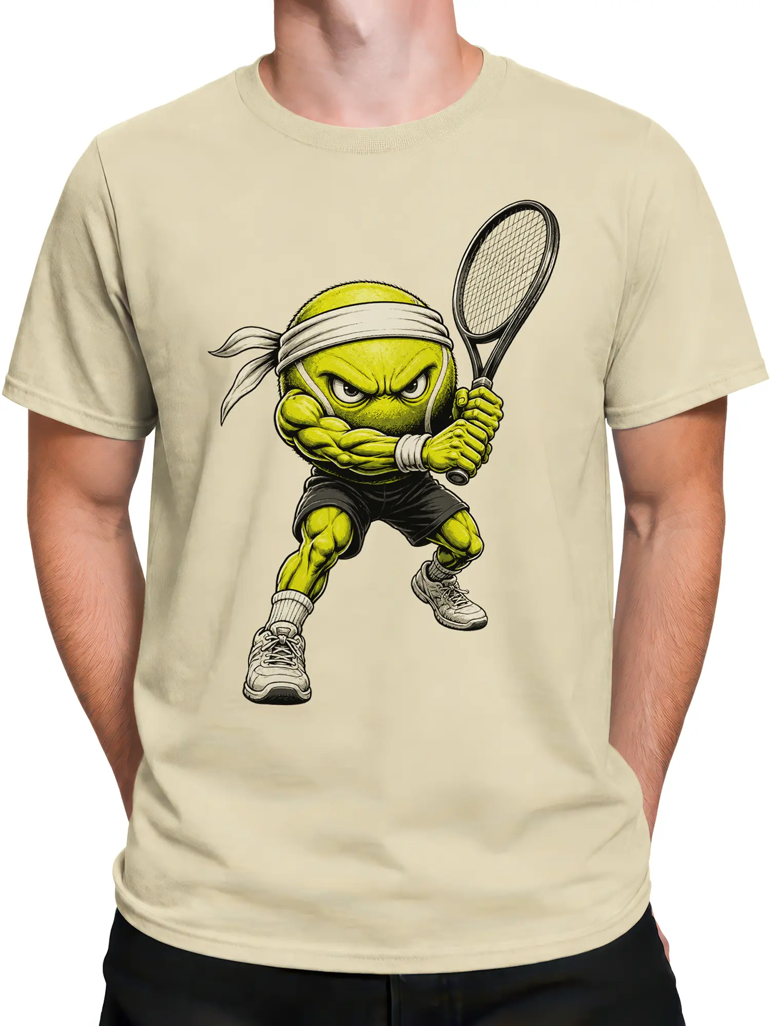 Male torso wearing a beige tennis shirt with a green racket character graphic