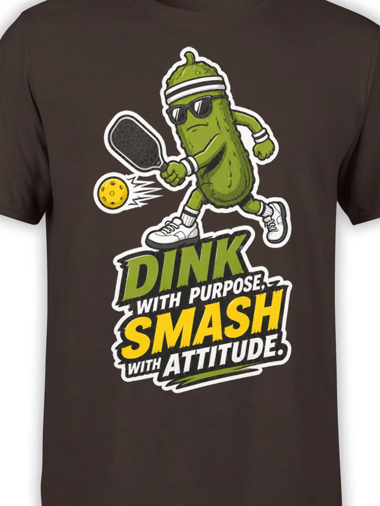 Close-up of green pickleball player with paddle, sunglasses, yellow ball, and bold slogan on brown fabric