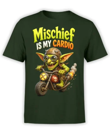 Green goblin motorcycle T-shirt with goggles, spiked helmet, flaming exhaust, and “Mischief Is My Cardio” text