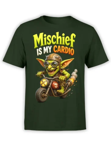 Green goblin motorcycle T-shirt with goggles, spiked helmet, flaming exhaust, and “Mischief Is My Cardio” text