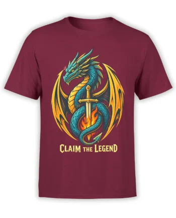 Blue winged dragon wrapped around a flaming sword on a burgundy dragon graphic T-shirt