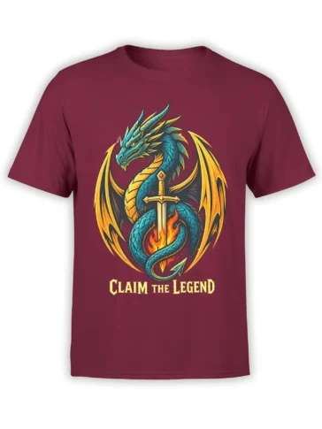 Blue winged dragon wrapped around a flaming sword on a burgundy dragon graphic T-shirt
