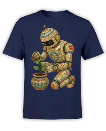 Ornamental robot tending a flower in a pot on a navy graphic T-shirt