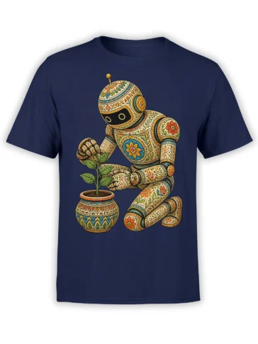 Ornamental robot tending a flower in a pot on a navy graphic T-shirt