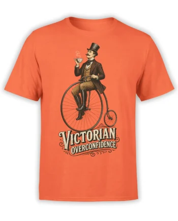 Orange T-shirt with a Victorian gentleman riding a penny-farthing and holding a steaming teacup