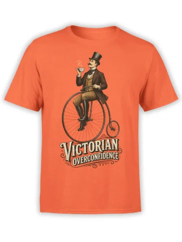 Orange T-shirt with a Victorian gentleman riding a penny-farthing and holding a steaming teacup
